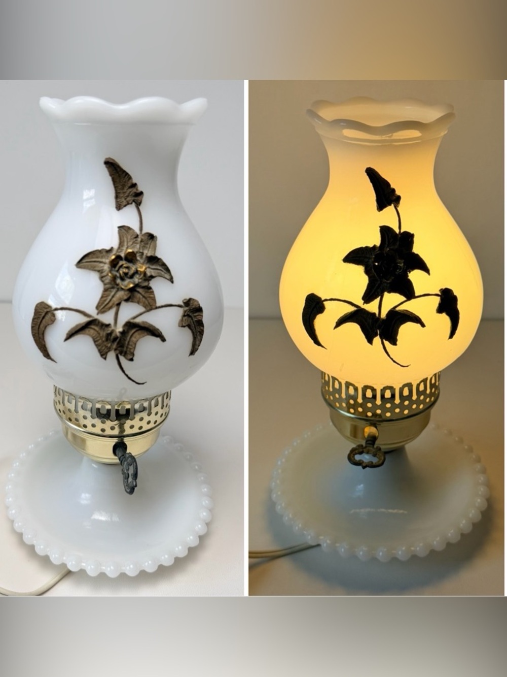 Vintage white milk glass hurricane boudoir table lamp crimped hobnail brass